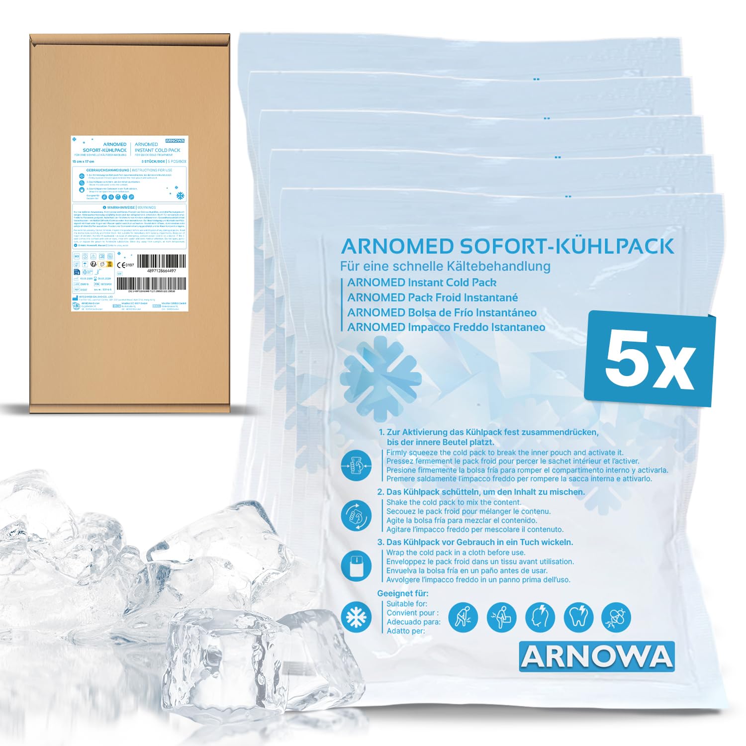 ARNOMED® Einweg Sofort Kühlpads, Direkt Kühlpack zum Knicken, Instant Cold Packs für Schwellungen & Verletzungen, Einweg Kältekompressen für Sport & Erste Hilfe, Coolpack