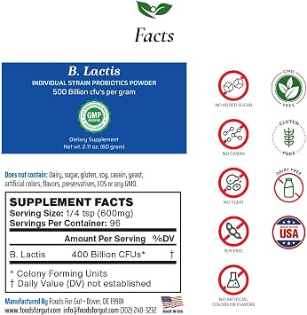Foods For Gut Bifidobacterium Lactis Probiotic Powder 500 Billion cfu's | Made in USA | No Additives | Digestive & Immune Support | High Potency | B. Lactis | 60 Grams (2.11 Oz)