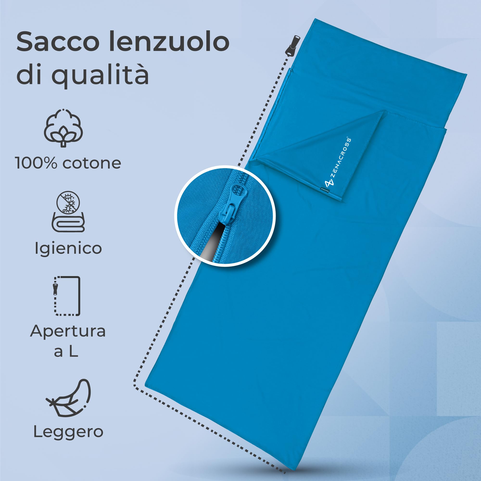 Zenacross - Sacco Lenzuolo da Viaggio - Sacco Letto Singolo Ultraleggero e Compatto - 100% Cotone - Saccoletto con Scomparto per Cuscino - Sacco Lenzuolo Cotone Singolo