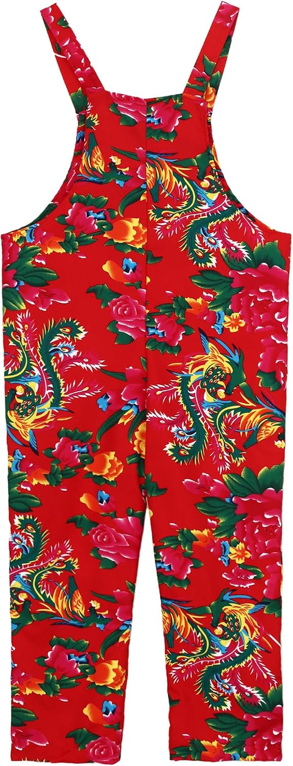 Kids Wide Leg Bib Overalls Loose Suspenders Adjustable Strap Bright Floral Pattern Pants Stage Performance