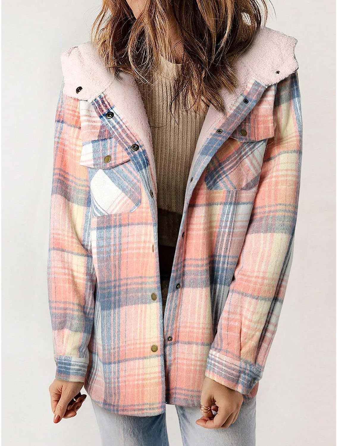 Womens Plaid Shacket Jacket Long Sleeve Button Down Fleece Hooded Jackets Sherpa Lined Flannel Hand Pockets Shirt