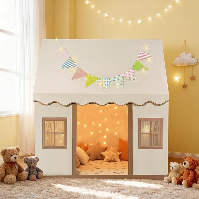 TanniwsTienda de Campaña Infantil Tienda De Campaña para Niños Tienda de la casa de Juego para niños Casa de Las Carpas Interiores para niños Tienda de Juego Plegable en Lienzo de Tela Natural
