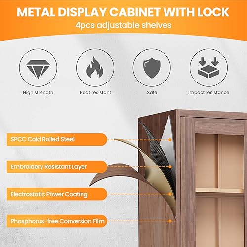 Miniatura 39 de Vitrina con cerradura con puerta de cristal, gabinetes Curio de metal de 71 pulgadas de alto con estantes ajustables, vitrina de licor blanco para