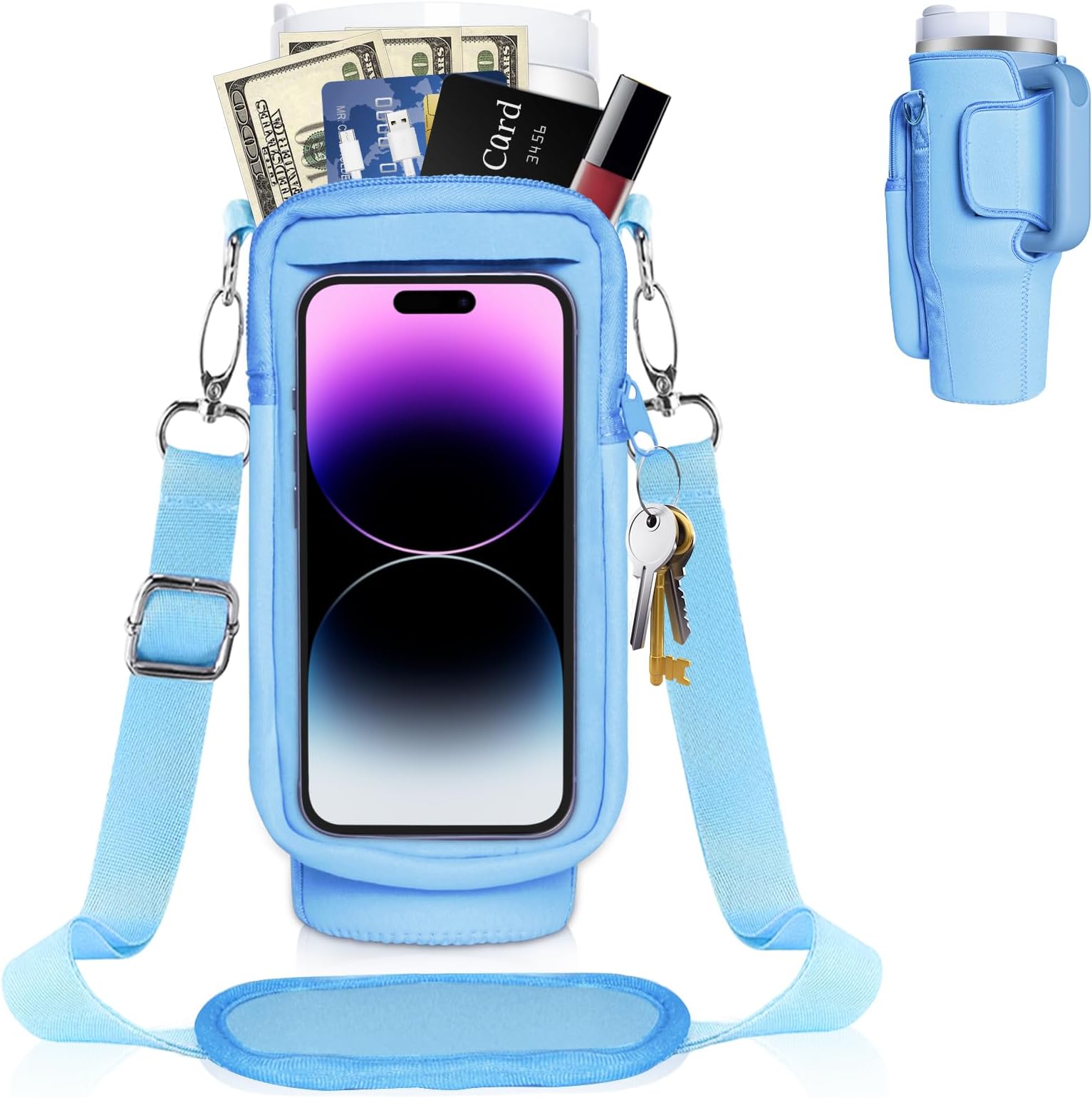 OriJoyWater Bottle Carrier Bag with Touch Screen Phone Pocket for Stanley 40oz Tumbler with Handle Water Bottle Holder Pouch with Adjustable Strap for Phone Card Keys Hiking Stanley Cup Accessories