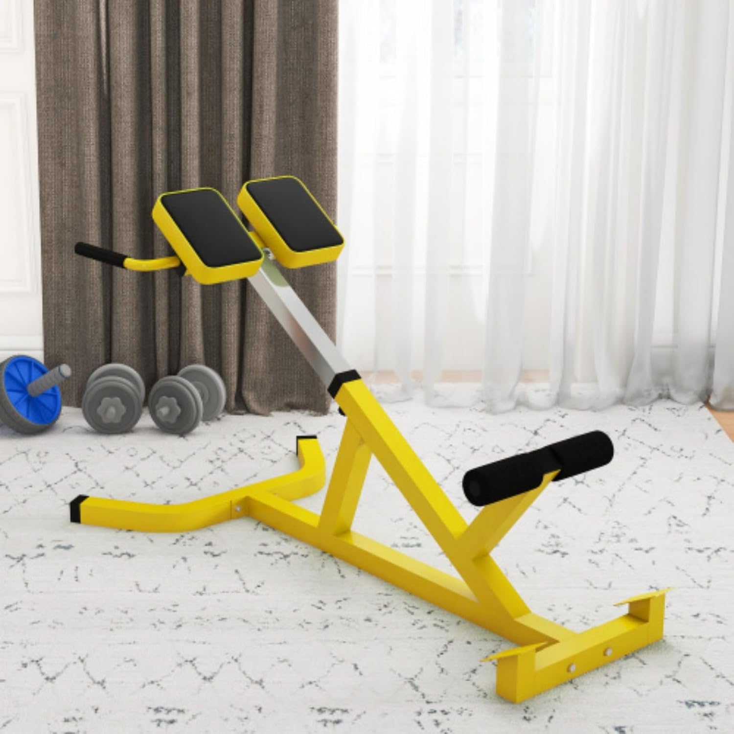 Roman Chair, Back Extension Machine, Height-Adjustable Extension Bench with Parallel Bars, Multifunctional, Suitable for Back, Core, Arms and Full Body Training, Yellow
