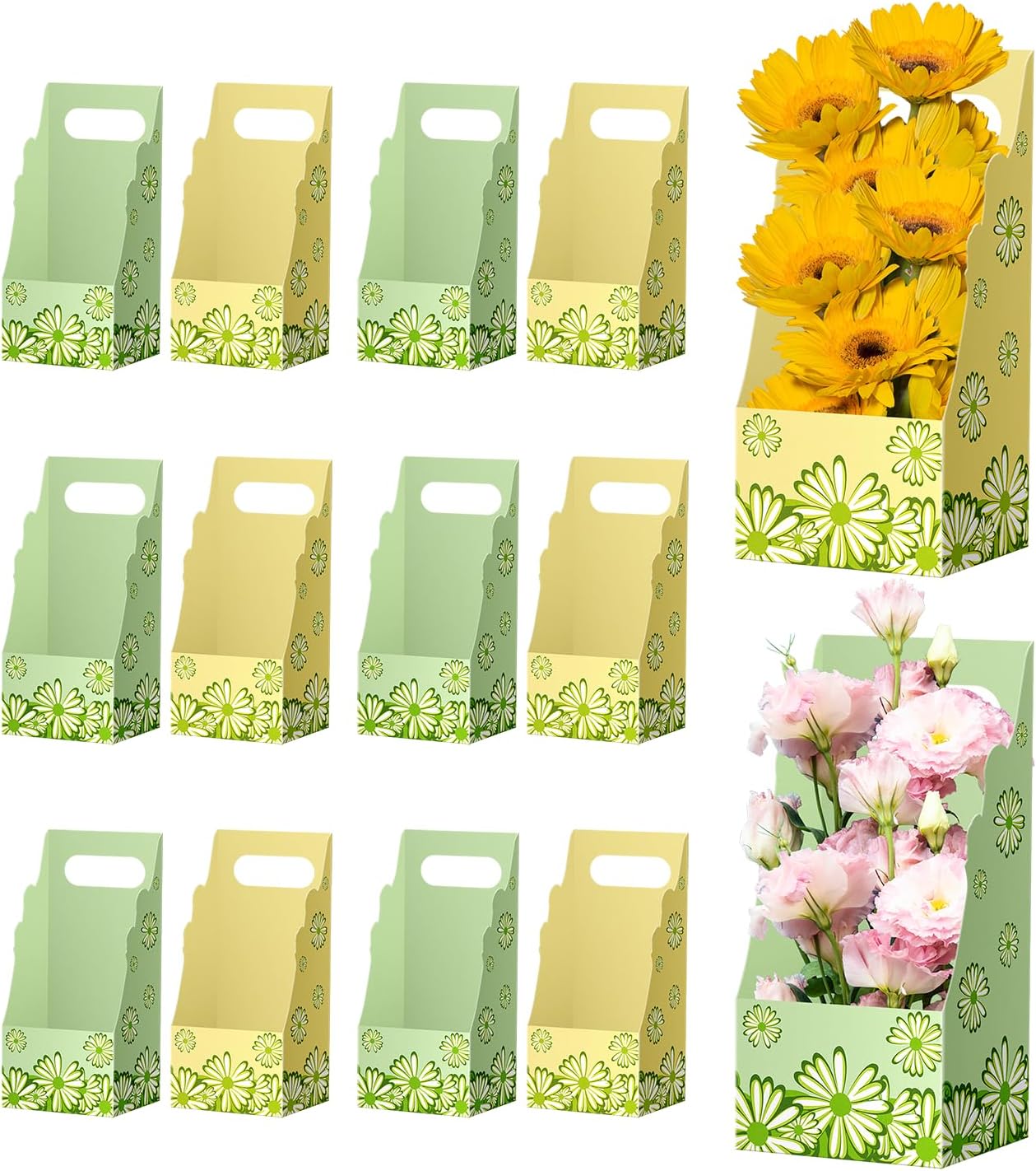 Linelglobal 12 Pcs Mother's Day Flower Wrapping Boxes with handle Florist Bouquet Packaging Boxes for Wedding Birthday Party Arrangements Floral Arrangement Supplies, Yellow, Green