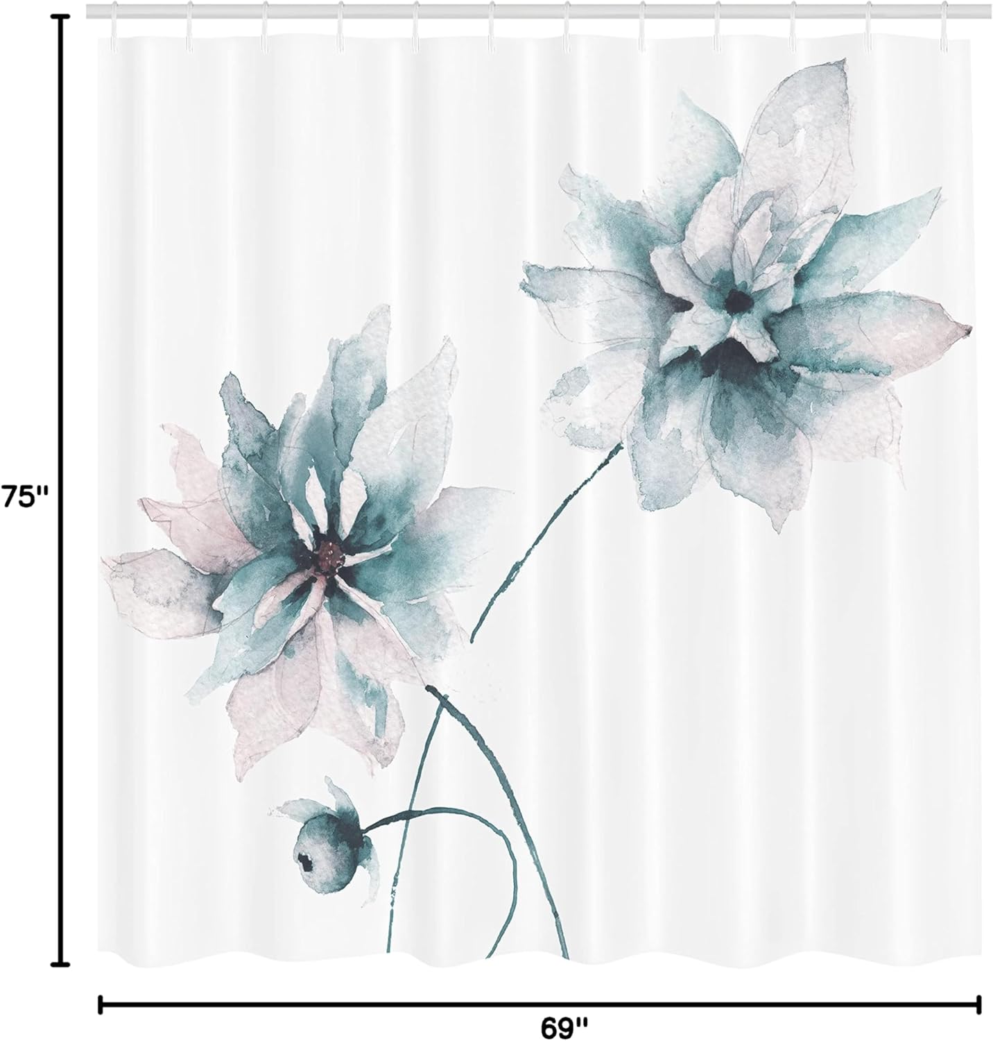 Ambesonne Watercolor Flower Shower Curtain, Flora Drawing Soft Spring Colors Retro Style Floral Artwork, Cloth Fabric Bathroom Decor Set with Hooks, 69" W x 75" L, Light Teal
