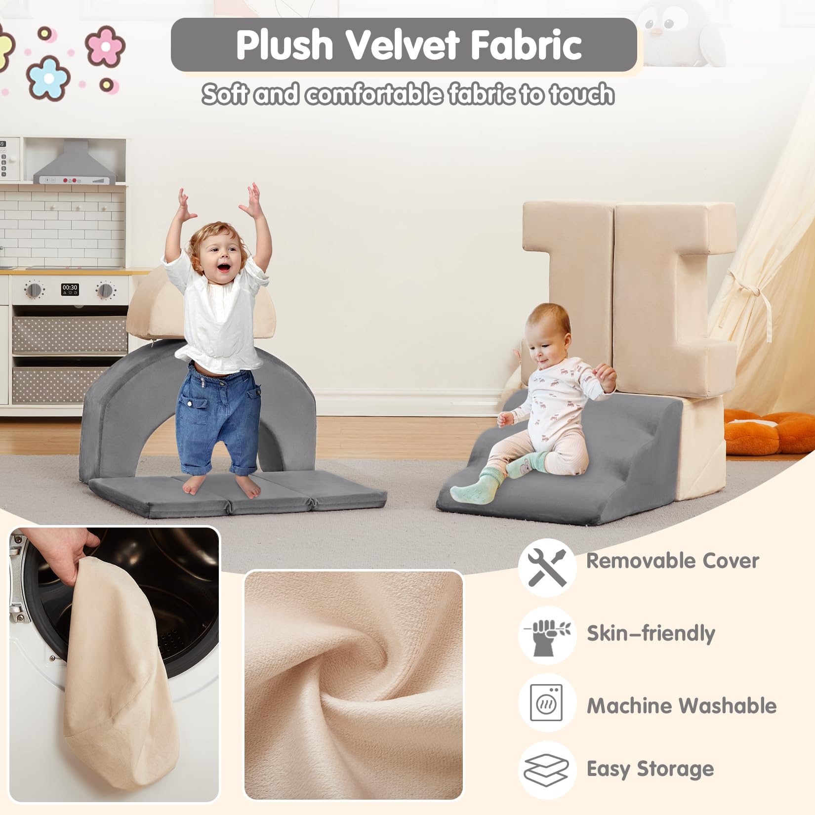 Garvee Juego educativo de 7 bloques de espuma para escalar y gatear - Incluye rampa extendida, túnel y tobogán - Funda de terciopelo lavable, base antideslizante - Ideal para bebés y niños pequeños en