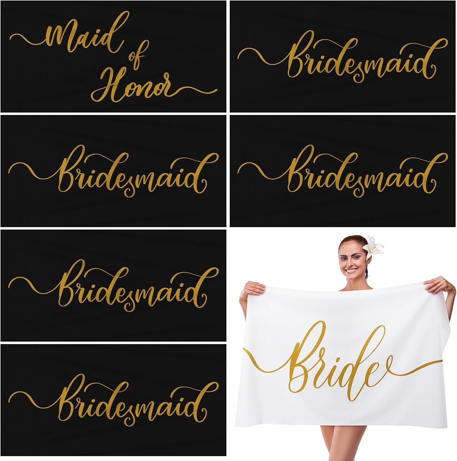 Newwiee 7 Pcs Bride Beach Towel Bridesmaids Beach Towel Bulk Set 70 x 35 Inch Bride Tribe Bridesmaid Gift for Wedding Honeymoon Bachelorette Engagement Party Favors(Black, White)