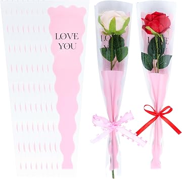 Hmxpls 50 Pcs Single Rose Sleeve Flower Sleeves Bouquet Bags Wrapping Packaging Bags for Mothers Day Graduation Wedding Birthday Valentines Day Party