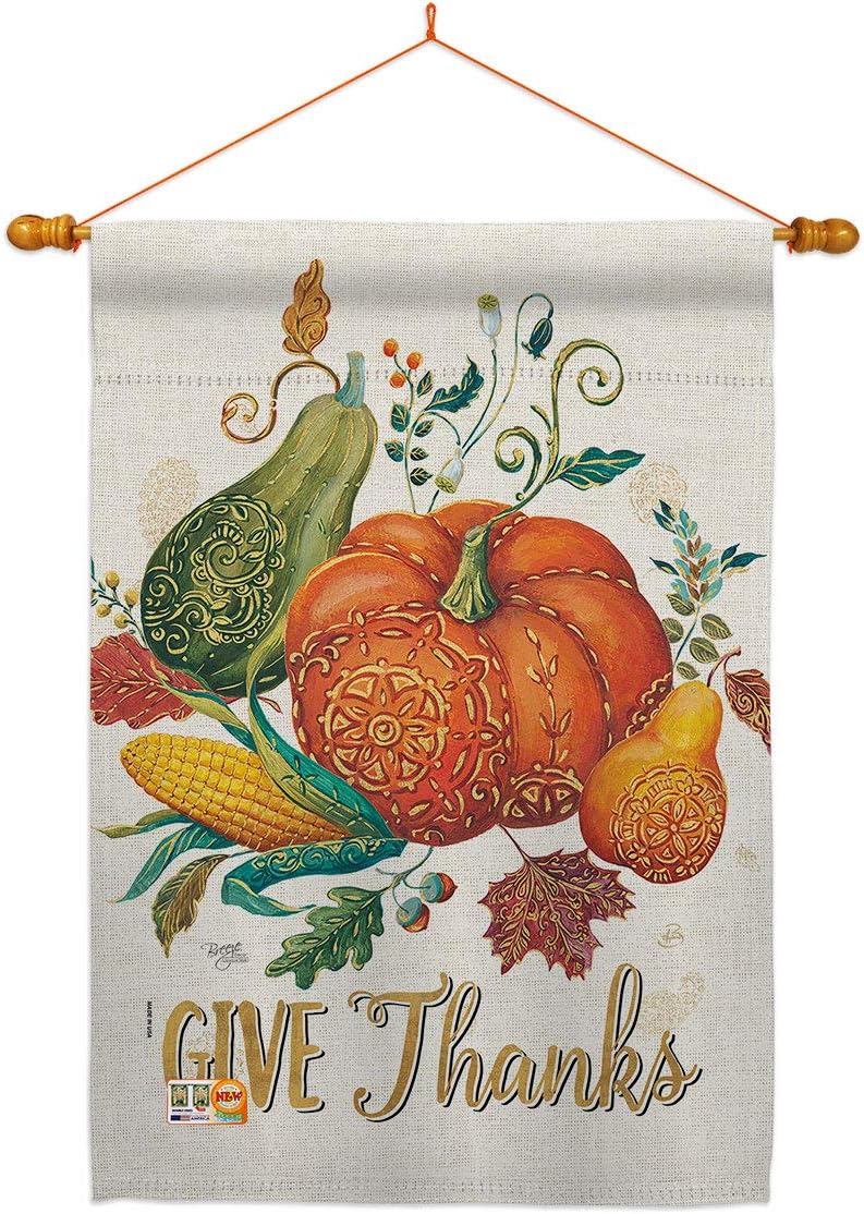 Suzani Give Thanks House Flag Falltime Thanksgiving Turkey Gobble Pumpkin Season Autumntime Cornucopia Small Decorative Gift Yard Banner Made In USA 28 X 40