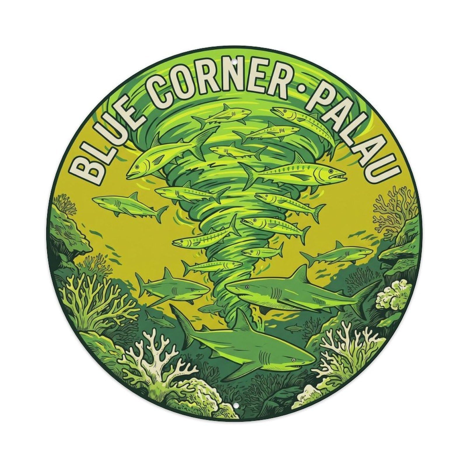 Olyhtr 8X8inch Classic Style Barracuda Palau Blue Corner Neon Lime Woodblock Metal Tin Sign