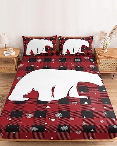 Miniatura 1 de Juego de sábanas bajeras de tamaño King con diseño de oso polar de Navidad, copos de nieve, bolsillo profundo, sábanas y fundas de almohada suaves