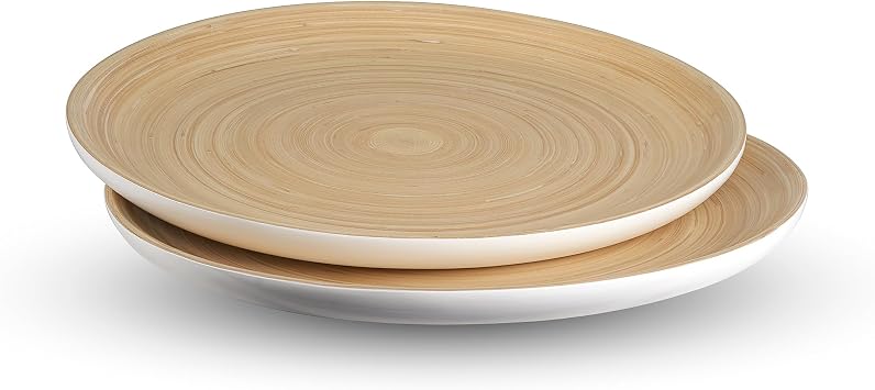 LEXA 12" Bamboo Round Serving Tray Set 2-Piece Small Handcrafted Wooden Trays for Food, Ottoman, Coffee Table, Kitchen, Charcuterie, or Decor, White
