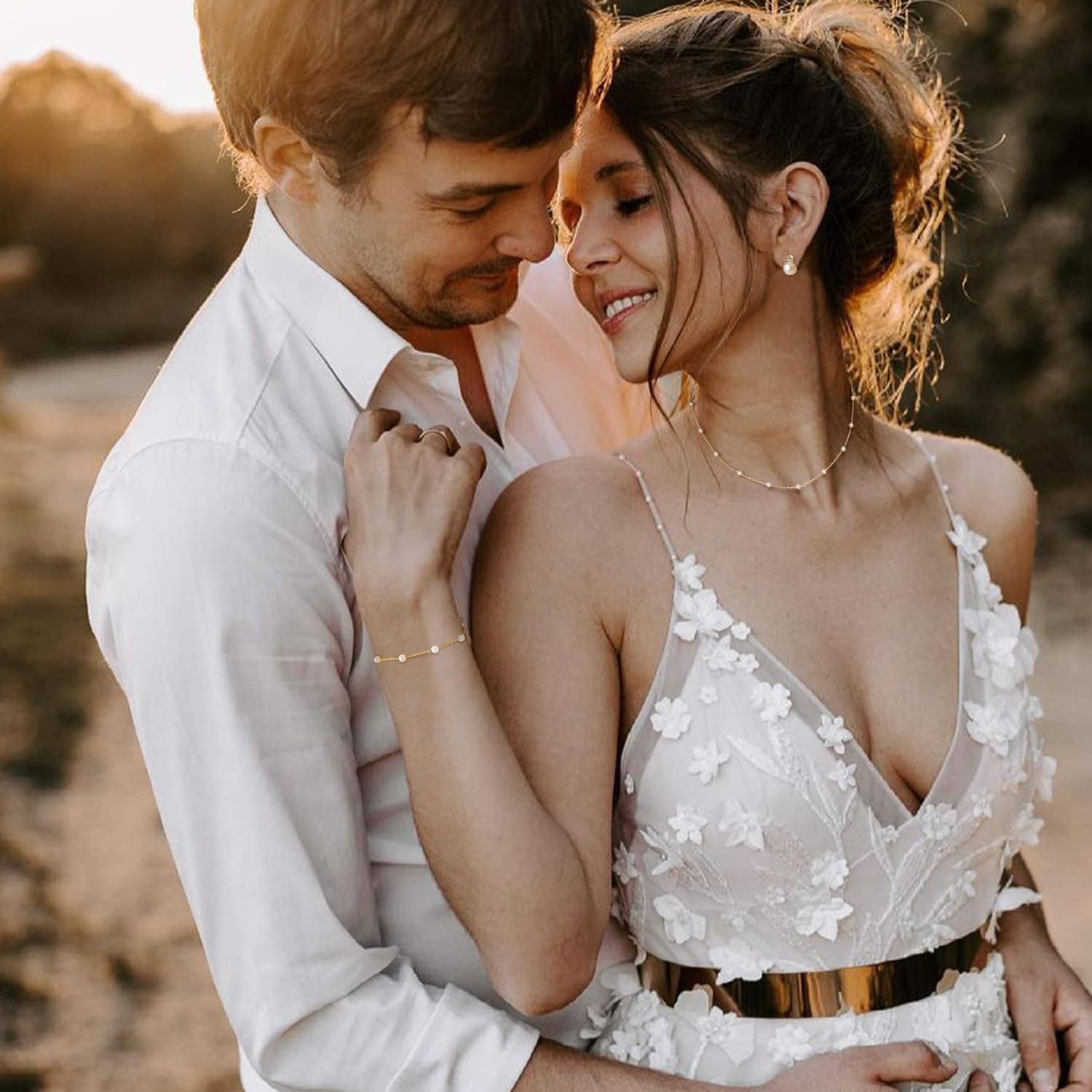 Gold Jewelry Set for Women, Dainty 14K Gold/Silver Plated Pearl Necklace and Earring Set with CZ Diamond and Pearl Drop Earrings, Bracelets, Choker Necklace - Wedding Bride Jewelry - Image 5