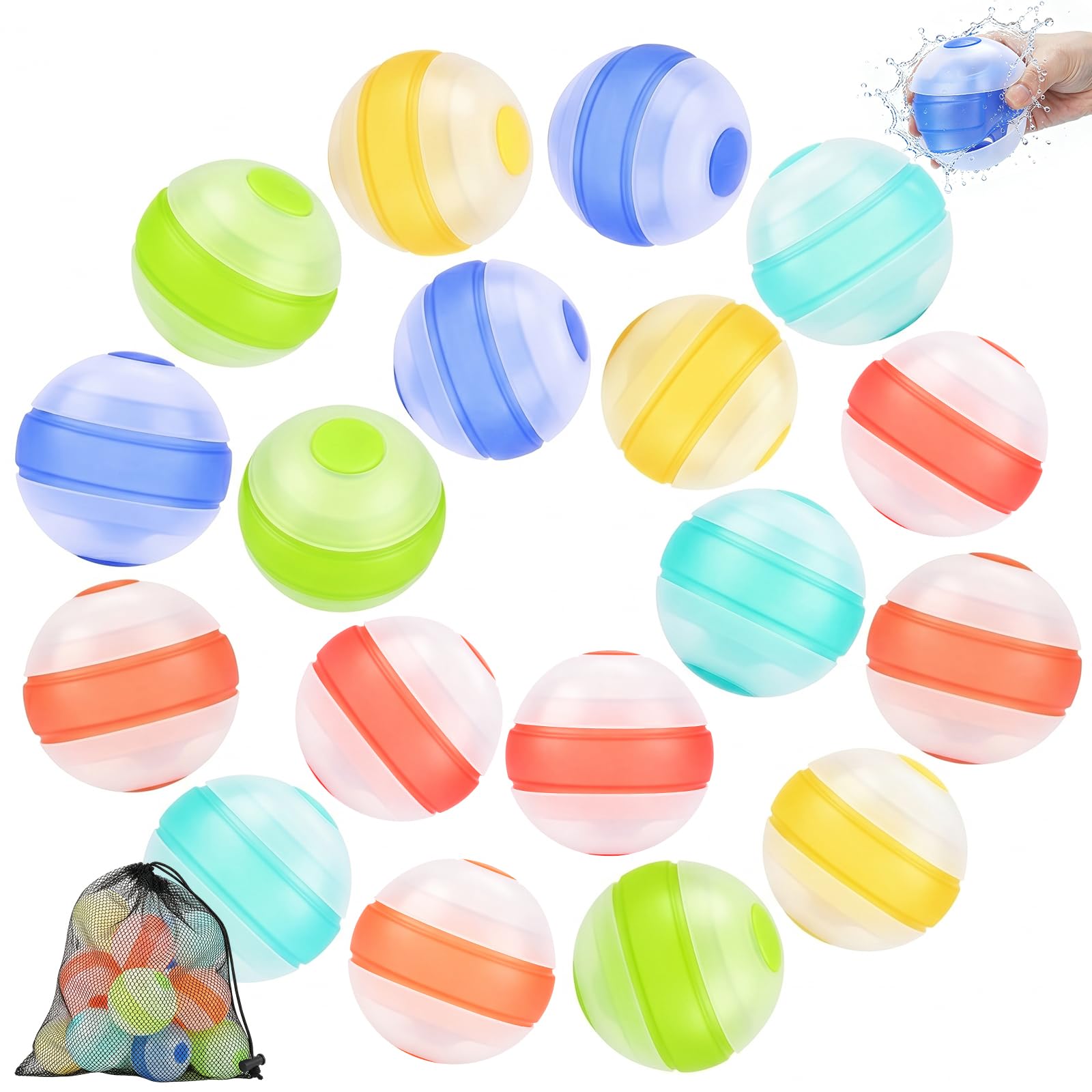 Wasserbomben Wiederverwendbar Silikon, Neues Modell 2026 Wasserballons mit Netzbeutel,Zum Öffnen/Schließen 1 Sekunde lang drücken, Sommer Pool Strand Garten Outdoor (18-Stück)