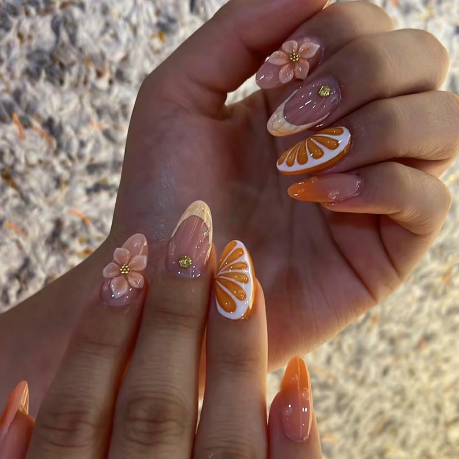 Press on Nails Long Almond Shape - 3D Floral Design