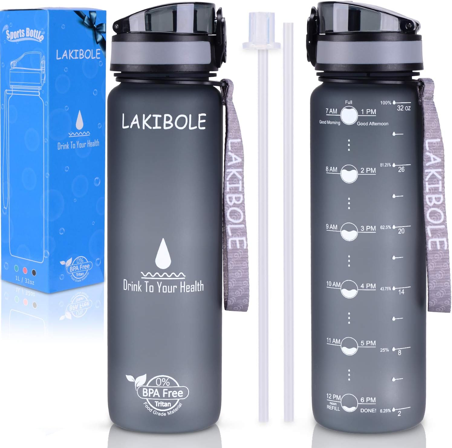 LAKIBOLE 32 oz Water Bottle with Straws with Time Marker