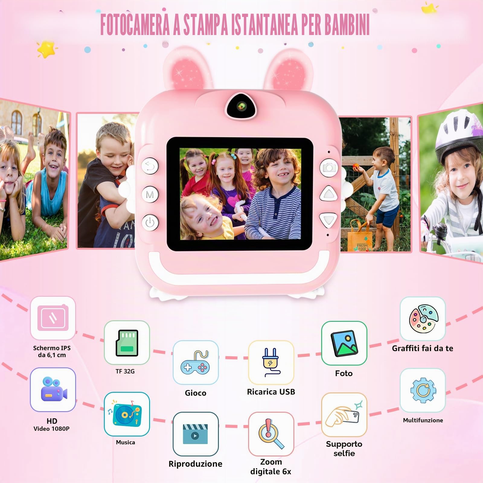 CATGIFF Macchina Fotografica Bambini Istantanea, 2.4 Pollici 1080P HD Fotocamera Digitale Bambini con Matita Colorata Carta da Stampa e 32GB Scheda, Rosa
