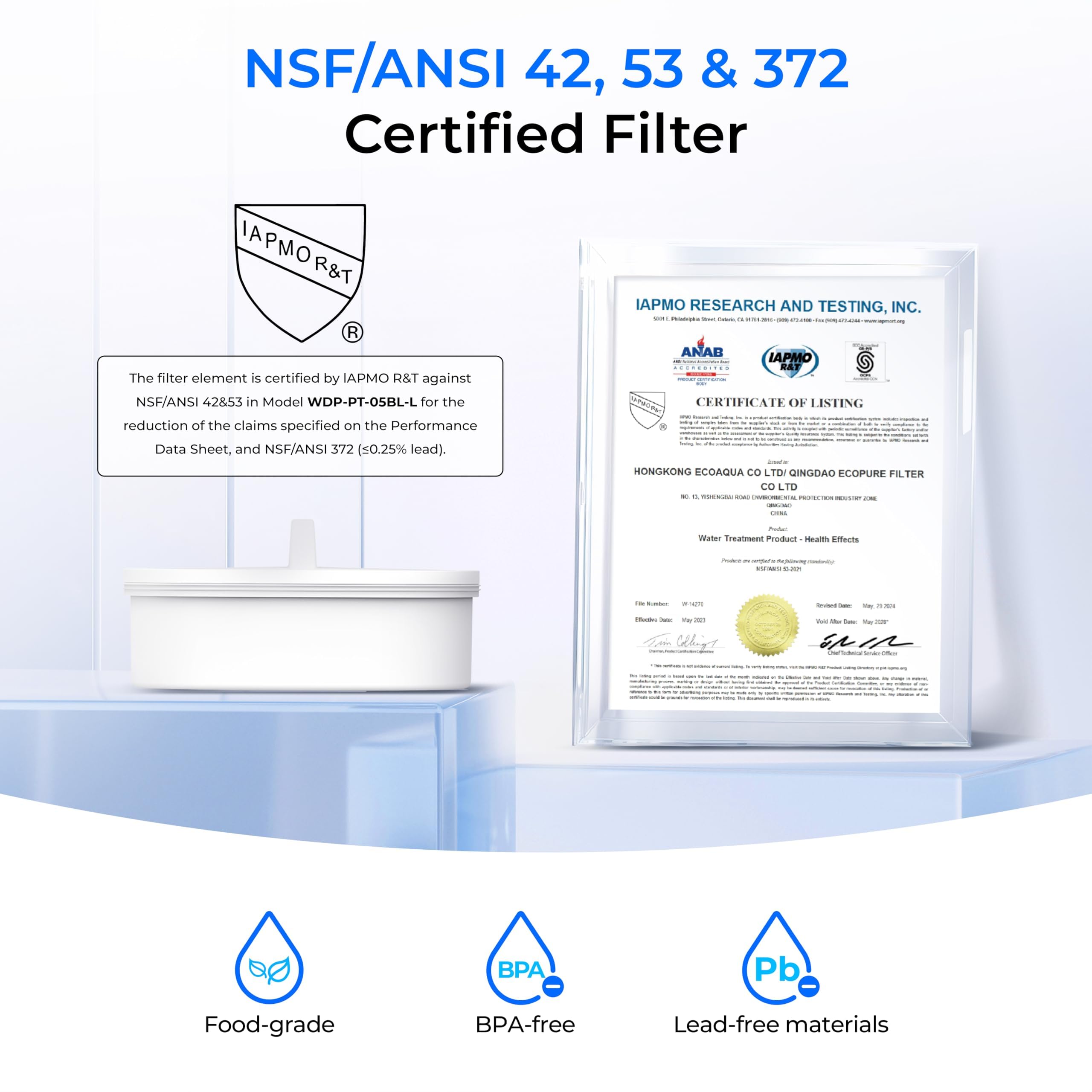 Waterdrop Carafe Filtrante en Verre de 2,5L avec Filtre de 2 Mois, Certifié NSF 53&42&372, Réduit les PFOA/SPFOS, Chlore, Cadmium, Cuivre, Mercure, WD-PT-72B