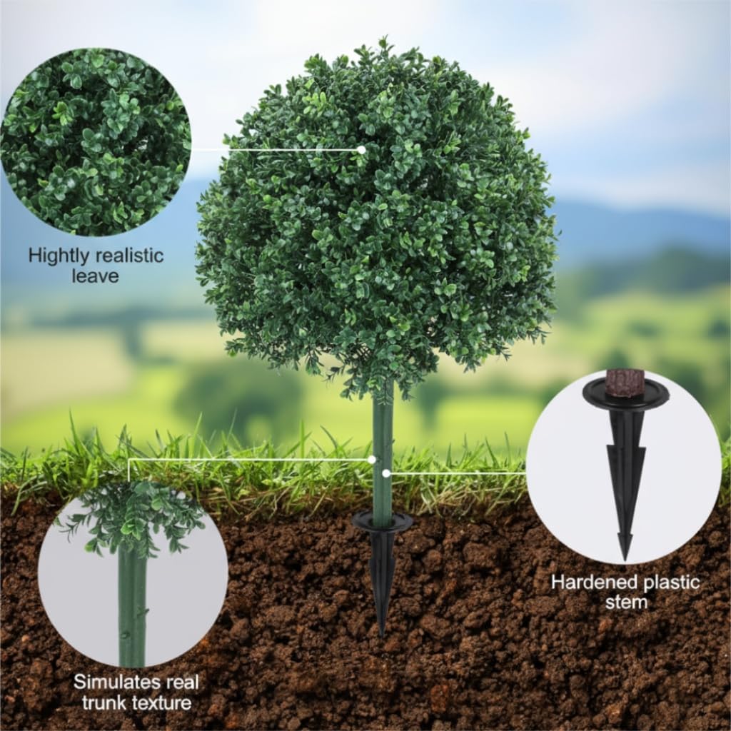Artificial Tree with Ground Spike, Set of 2 Artificial Shrub Bushes, Fake Evergreen Tree for Porch, Artificial Plants for Outdoor Planters Indoor UV Resistant