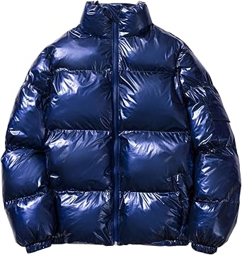 Mens Down Puffer Jacket Thickened Glossy Puffer Jacket Warm Stand Collar Winter Outwear Zip Up Ski Bubble Coat