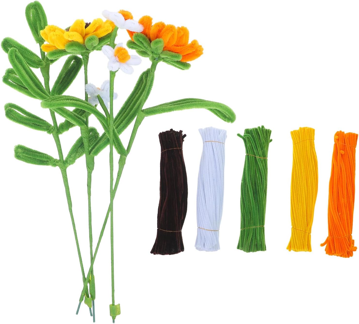 TOMETURE 1 Box Flower Pipe Cleaners Kit - Sunflower Bouquet Making Supplies - DIY Floral Tape Crafts - Fuzzy Twisting Sticks for Homeschool Art Activities