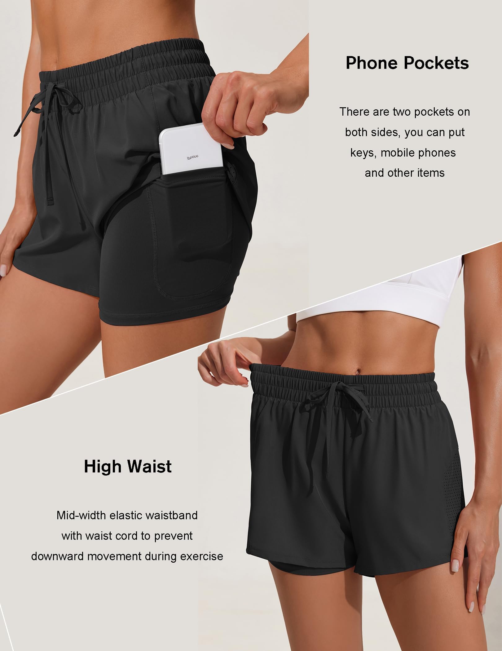 PINSPARK Women's Sport Shorts 2 en 1 Training Shorts Taille Haute Running Shorts Sport à séchage Rapide avec Poches