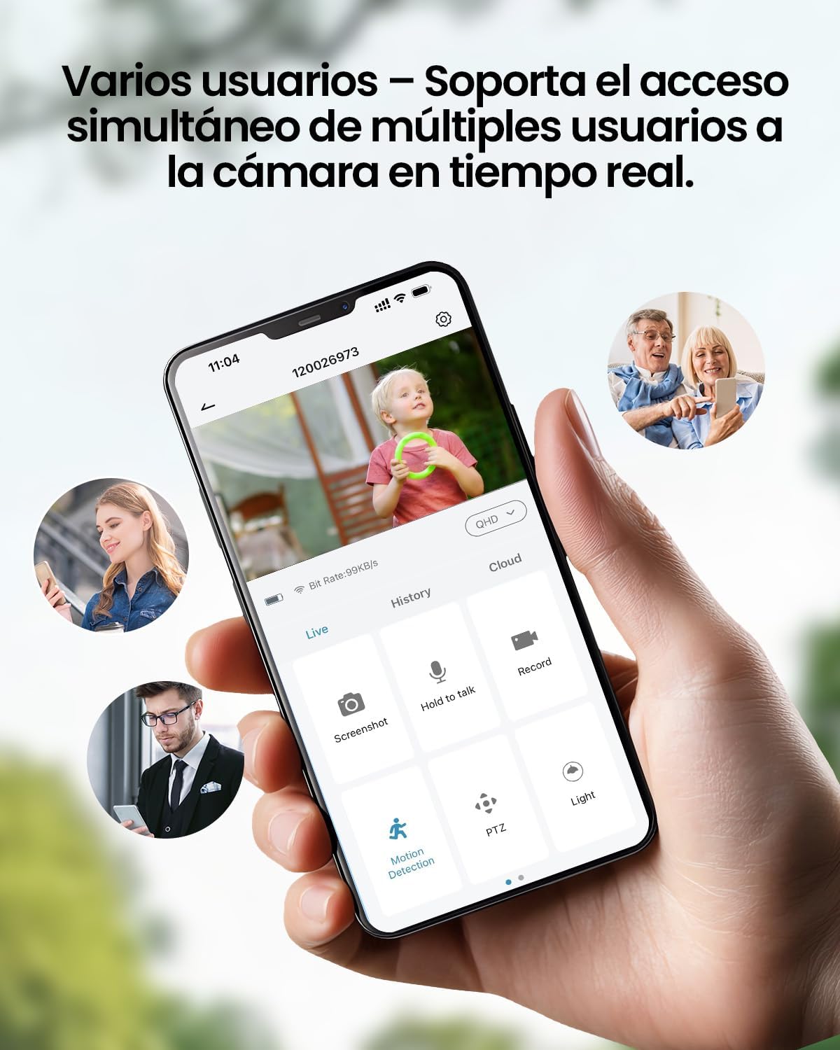 Smartphone screen showing live camera feed with multiple user icons