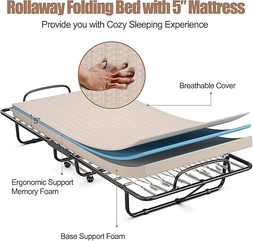 Miniatura 4 de HAPPYGRILL Cama enrollable, cama plegable con colchón de espuma viscoelástica de 5 pulgadas, marco de acero resistente, 4 ruedas universales, cama
