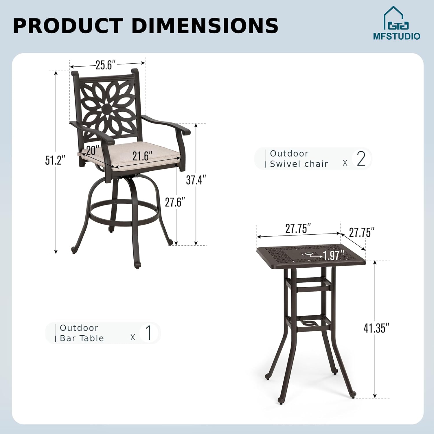 MFSTUDIO 3 PCS Cast Aluminum Patio Bar Set, Square Outdoor Table with 2 Outdoor Swivel Bar Stools, Bar Height Outdoor Table and Chairs Set