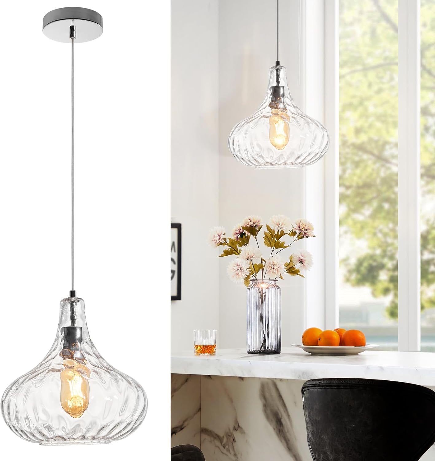 Glass Pendant Light – 11" Wide Modern Pendant Light Kitchen Island Adjustable 59" Cord, Sloped Ceiling Adaptable, Vintage glass chandelier for Kitchen Sink, Hallway, Living Room ?Clear 1-Light) E26 Nickel 1-Light