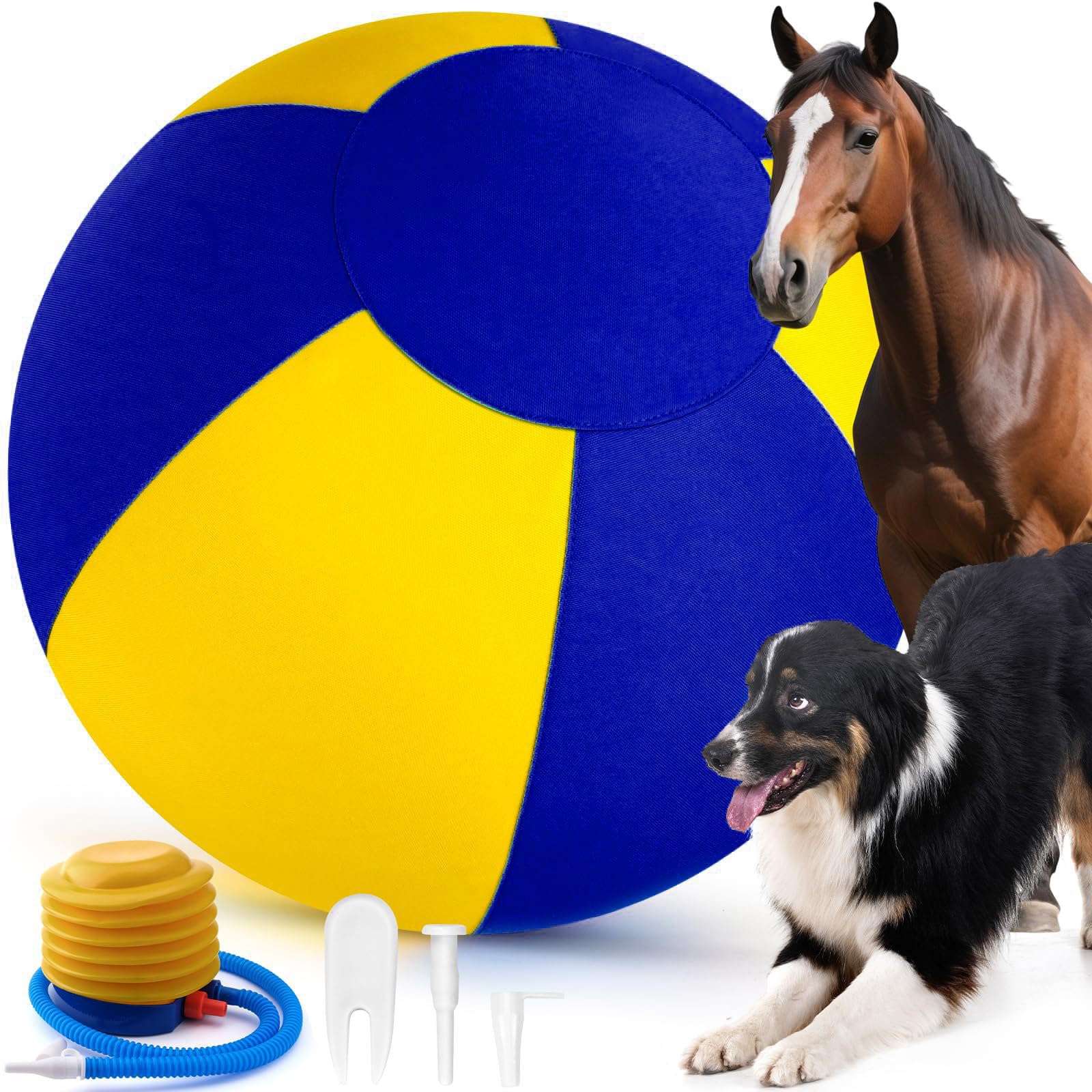 Palla da pastore cani con copertura protettiva e giocattolo per addestramento del cane con pompa per pastore border collie, addestramento all'aperto e gioco in cortile (55 cm giallo blu)