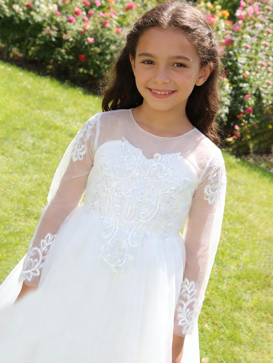 ABAO SISTER Girls' White Tulle Lace Embroidered Flower Girl Dress Communion Wedding Party Gown Elegant Princess Formal Dress
