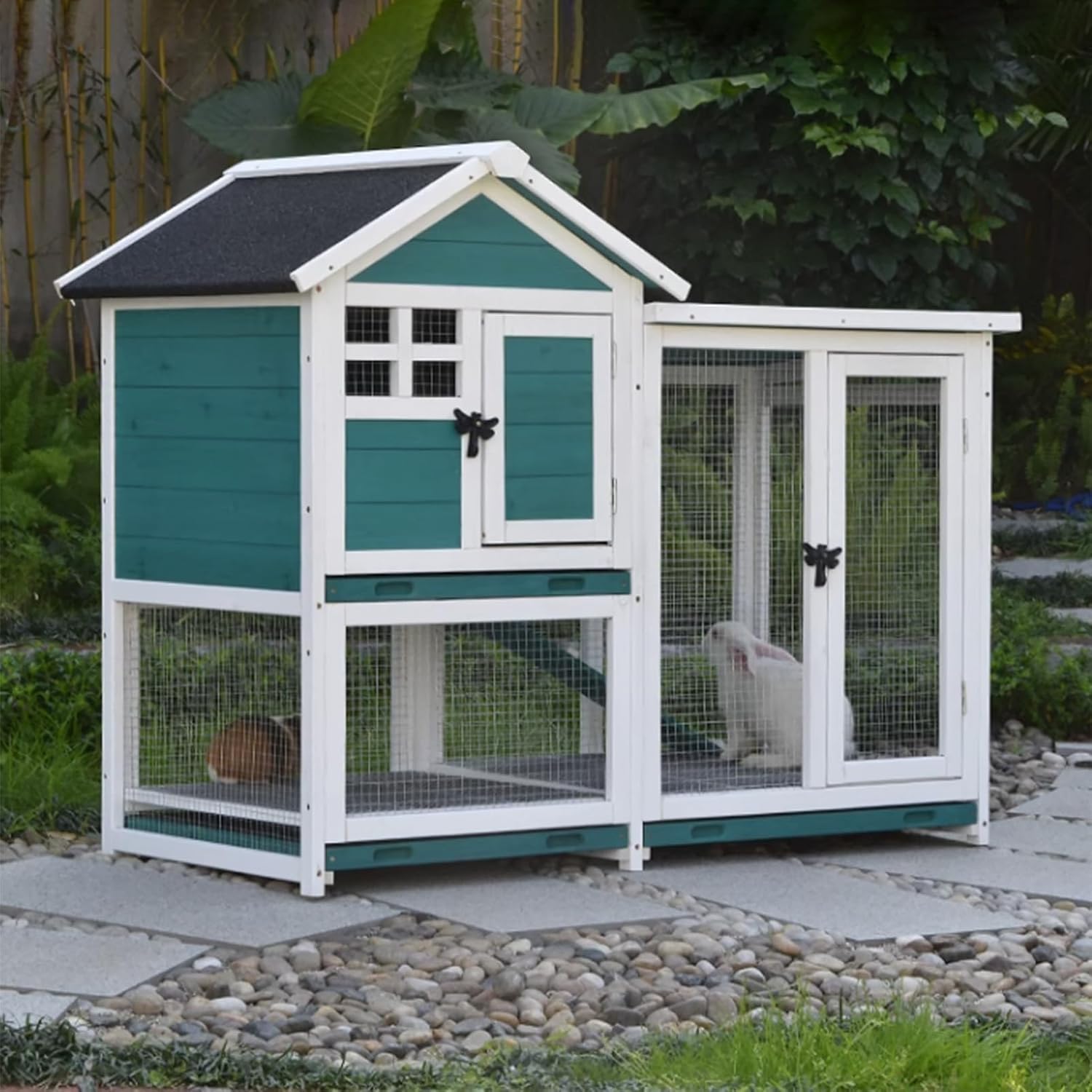 Rabbit Hutch Chicken Duck Coop Poultry Habitat Cage, Outdoor Wooden Small Animal House with Ramps, Run and Wire Fence