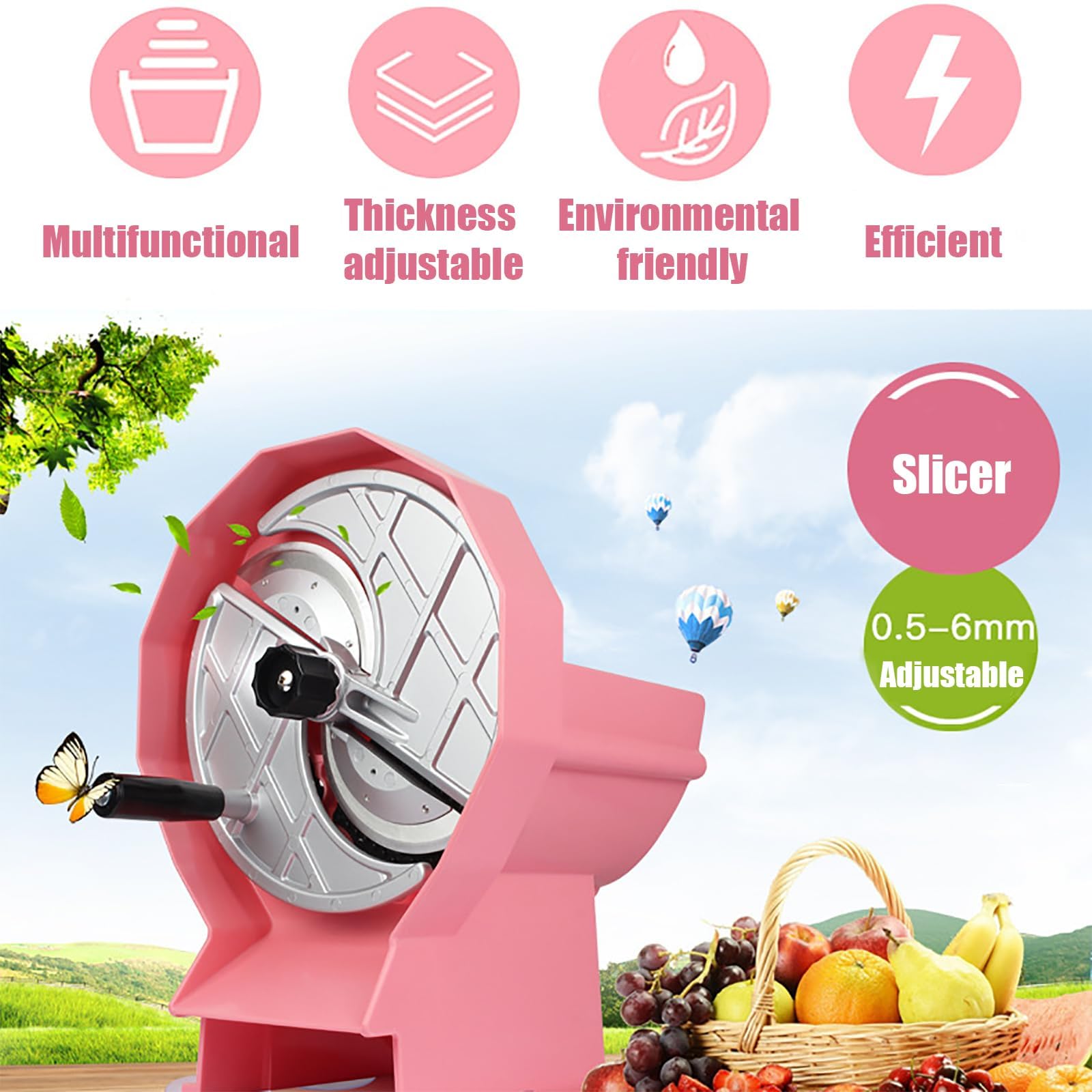 Cortador de verduras, cortador manual de alimentos con grosor ajustable de 0,5 a 6 mm, hoja de aluminio de alta calidad, canal grande para verduras, carne y condimentos