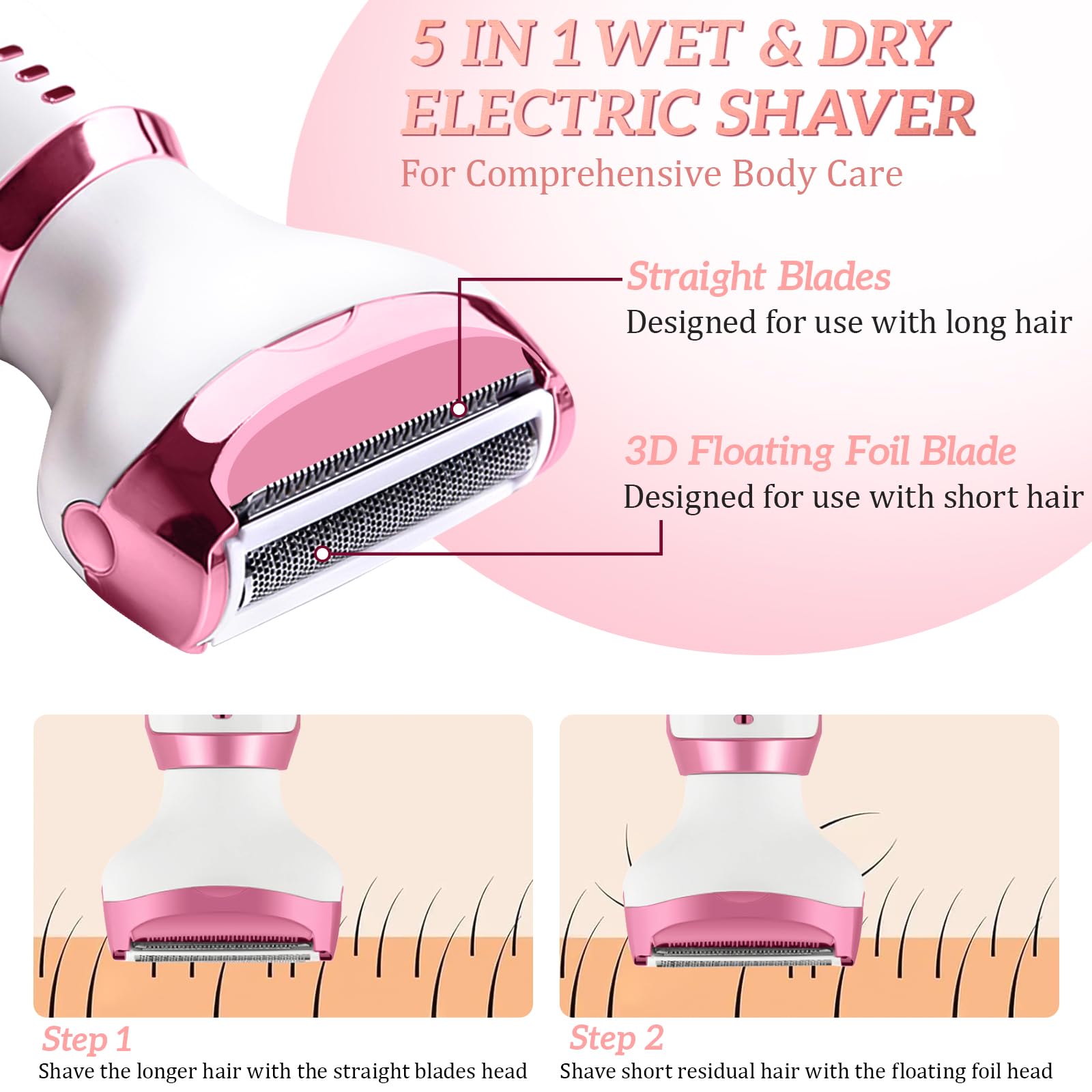 Rasoio Elettrico Donna, 5 in 1 Rasoio Elettrico Donna, Epilatore Intimo Donna, Utilizzo a Secco e Bagnato, per Bikini, Ascelle, Gambe, Sopracciglia e Naso, con Display LED, Ricarica USB