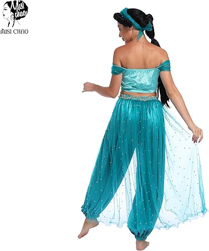 Miniatura 4 de MISI CHAO Disfraz de princesa jazmín para danza del vientre, disfraz de Aladdin para Halloween, color verde azulado para mujer
