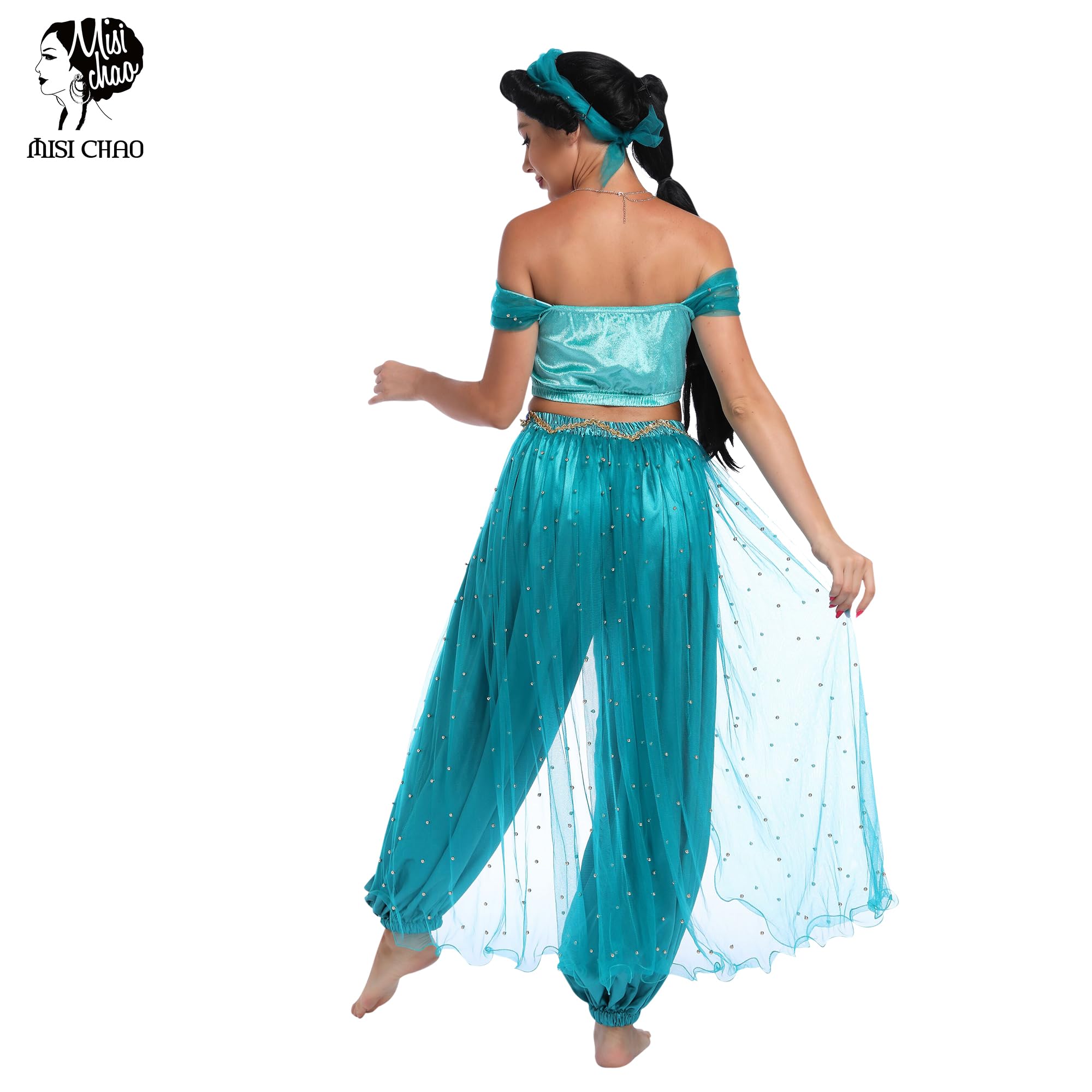 MISI CHAO Belly Dance Princess Jasmine Costume - Aladdin Halloween Outfit Princess Costumes Teal for Women