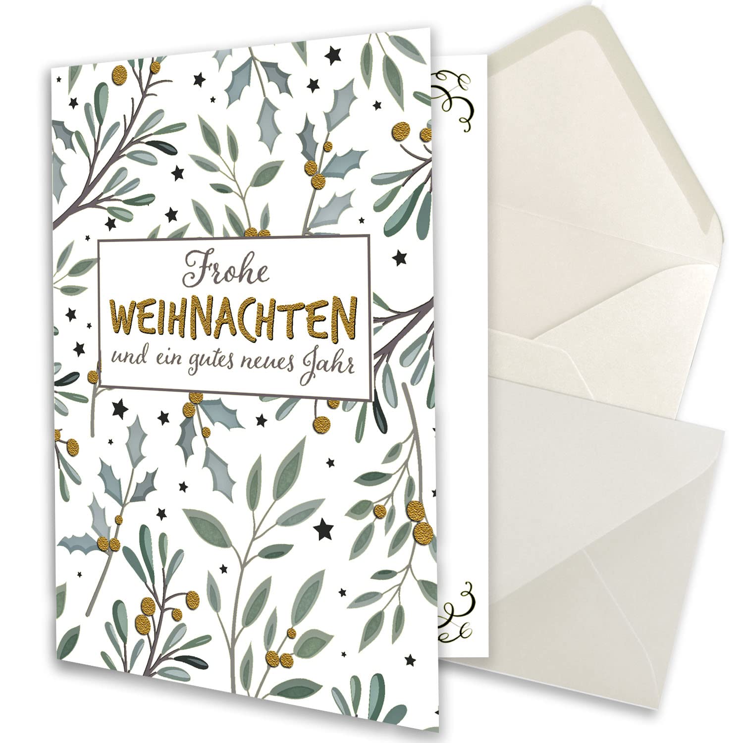 Juego de 200 tarjetas de Navidad pequeñas DIN A7 en color blanco con ramas de muérdago y eucalipto – tarjetas plegables con sobres DIN C7 blanco natural con adhesivo húmedo – saludos de Navidad para
