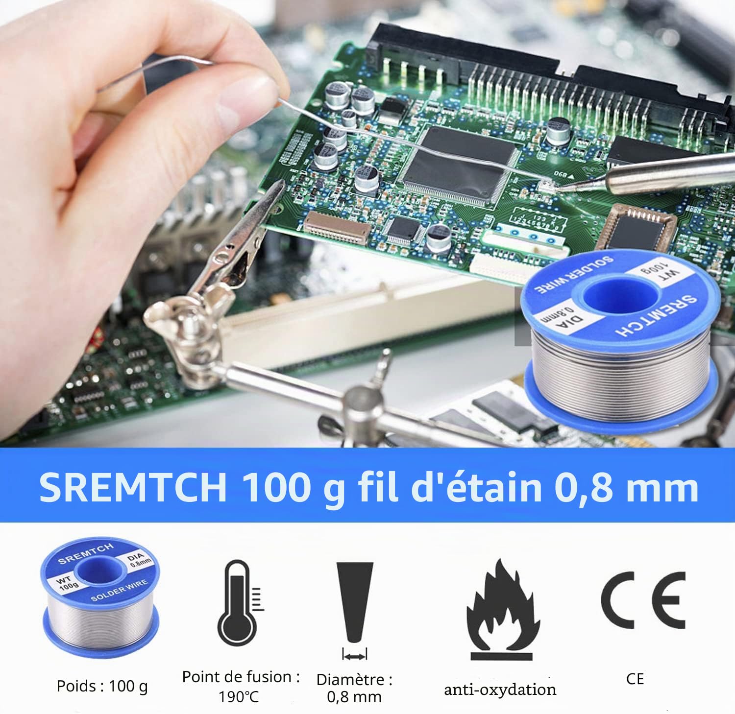 Kit de fer à souder électronique SREMTCH 60 W avec température réglable 200-450 °C et interrupteur Marche/Arrêt, 100g, 5 pannes à souder, pompe à dessouder, support avec éponge, sac en polyuréthane