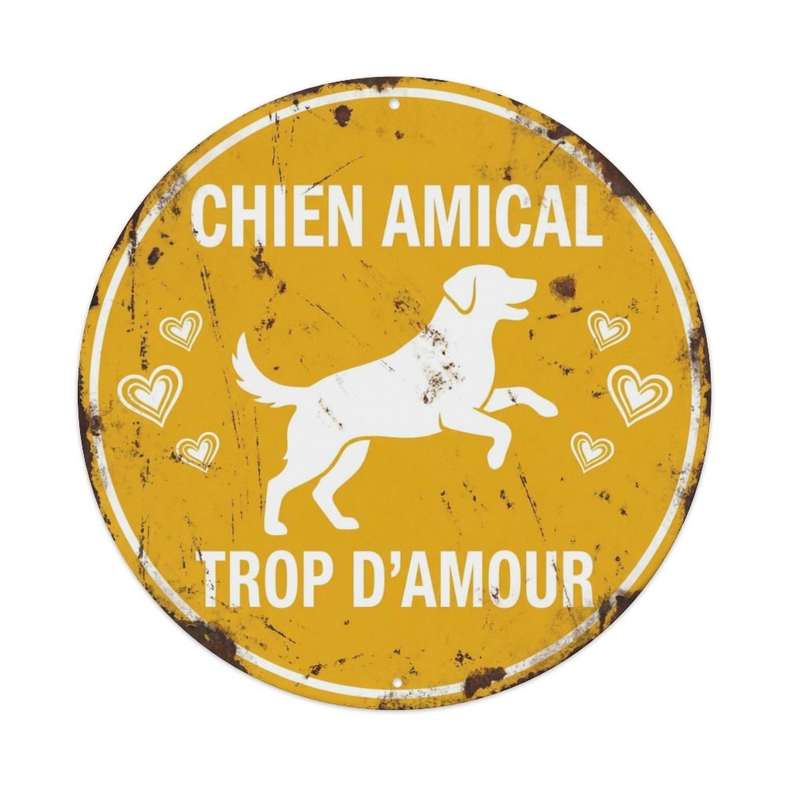 Large Dog Friendly Warning Round Wall Hanging Metal Tin Sign
