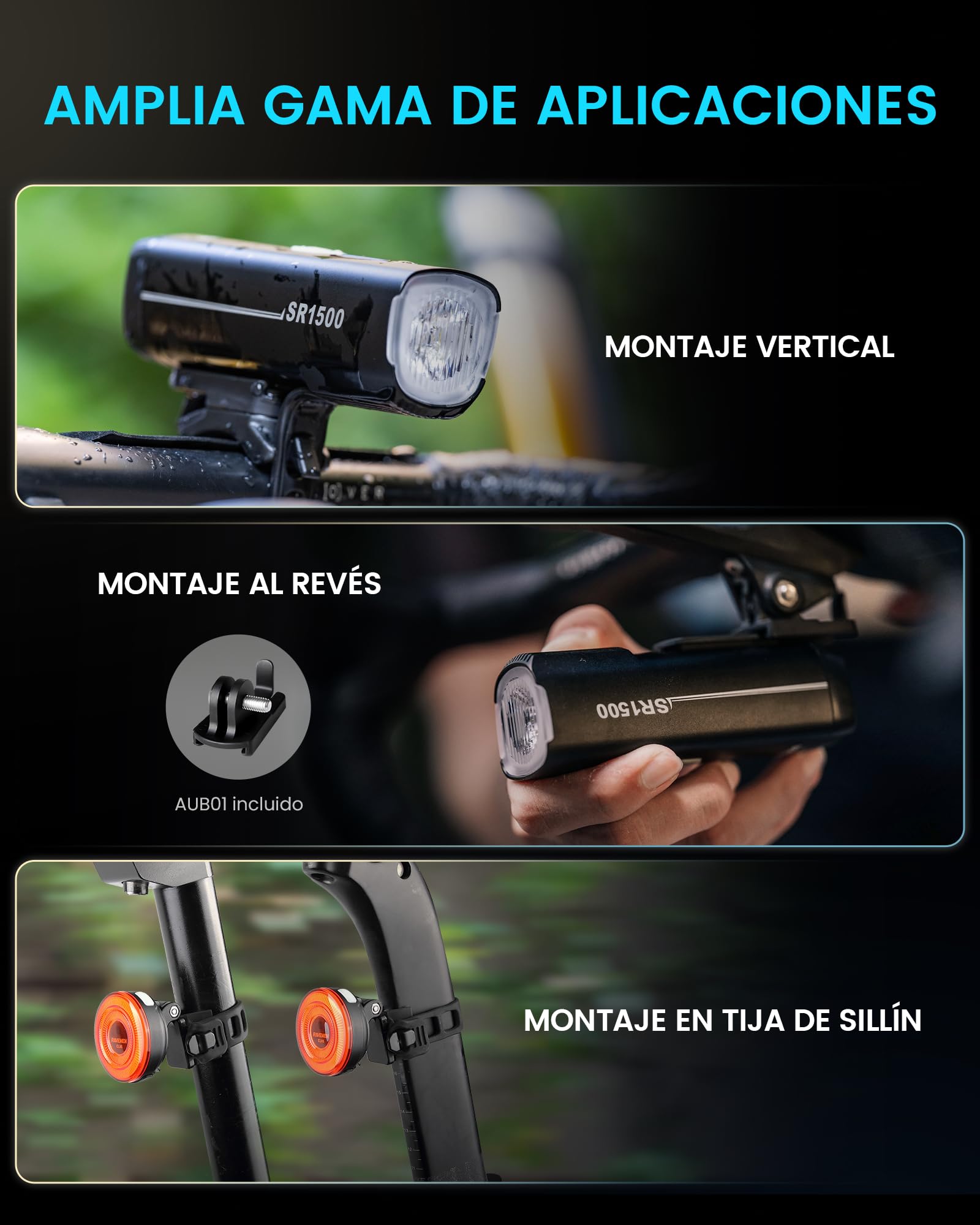 RAVEMEN SR1500 Luces Delanteras y Traseras para Bicicleta, Conjuntos de Faros Delanteros y Traseros Inteligentes, 1500 Lúmenes Recargable USB C IPX7 para Ciclismo de Montaña, Carretera y Urbano