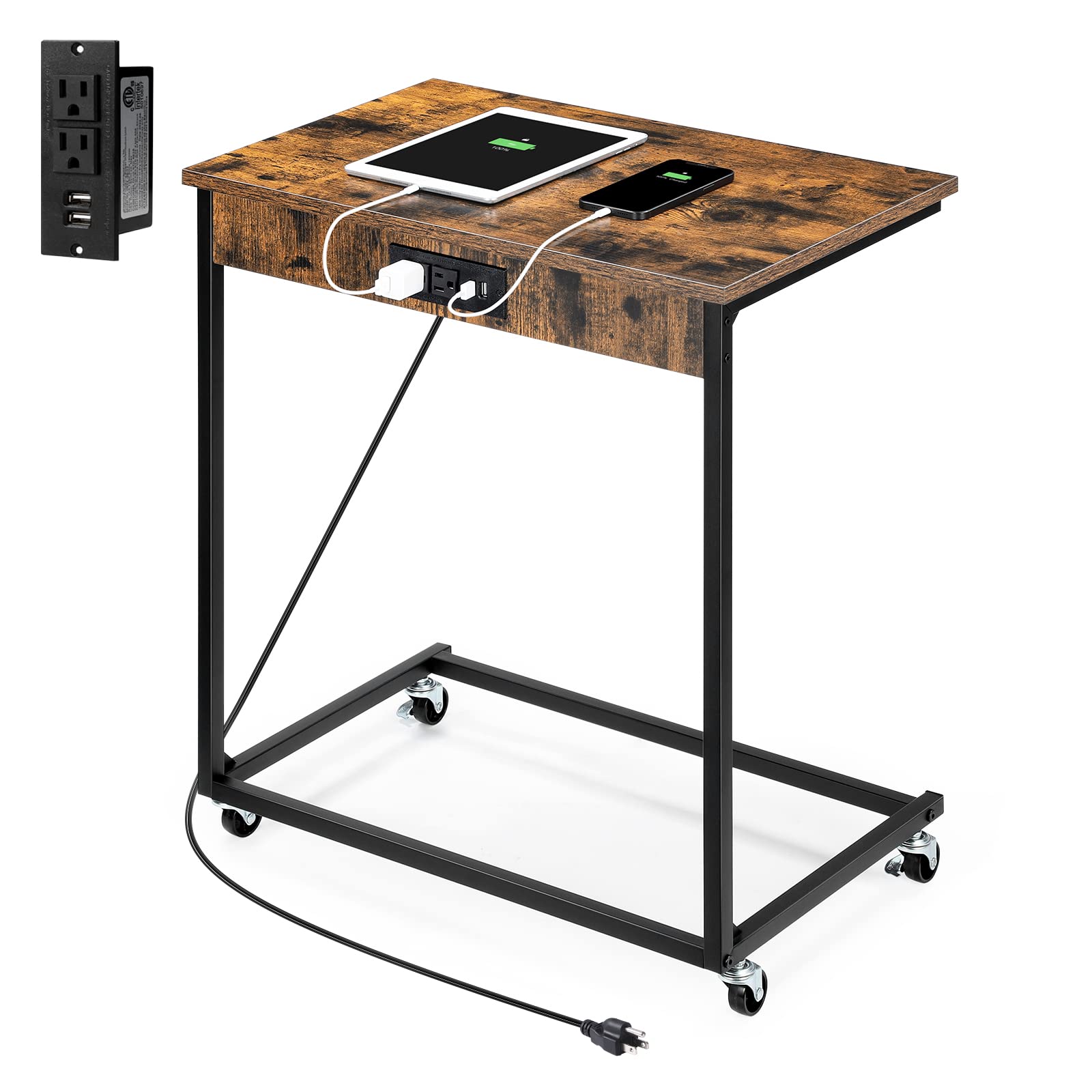 Photo 1 of Snack Side Table, Couch Table with Charging Station, C Shaped End Table for Sofa Couch & Bed, for Small Spaces, Rustic Brown
