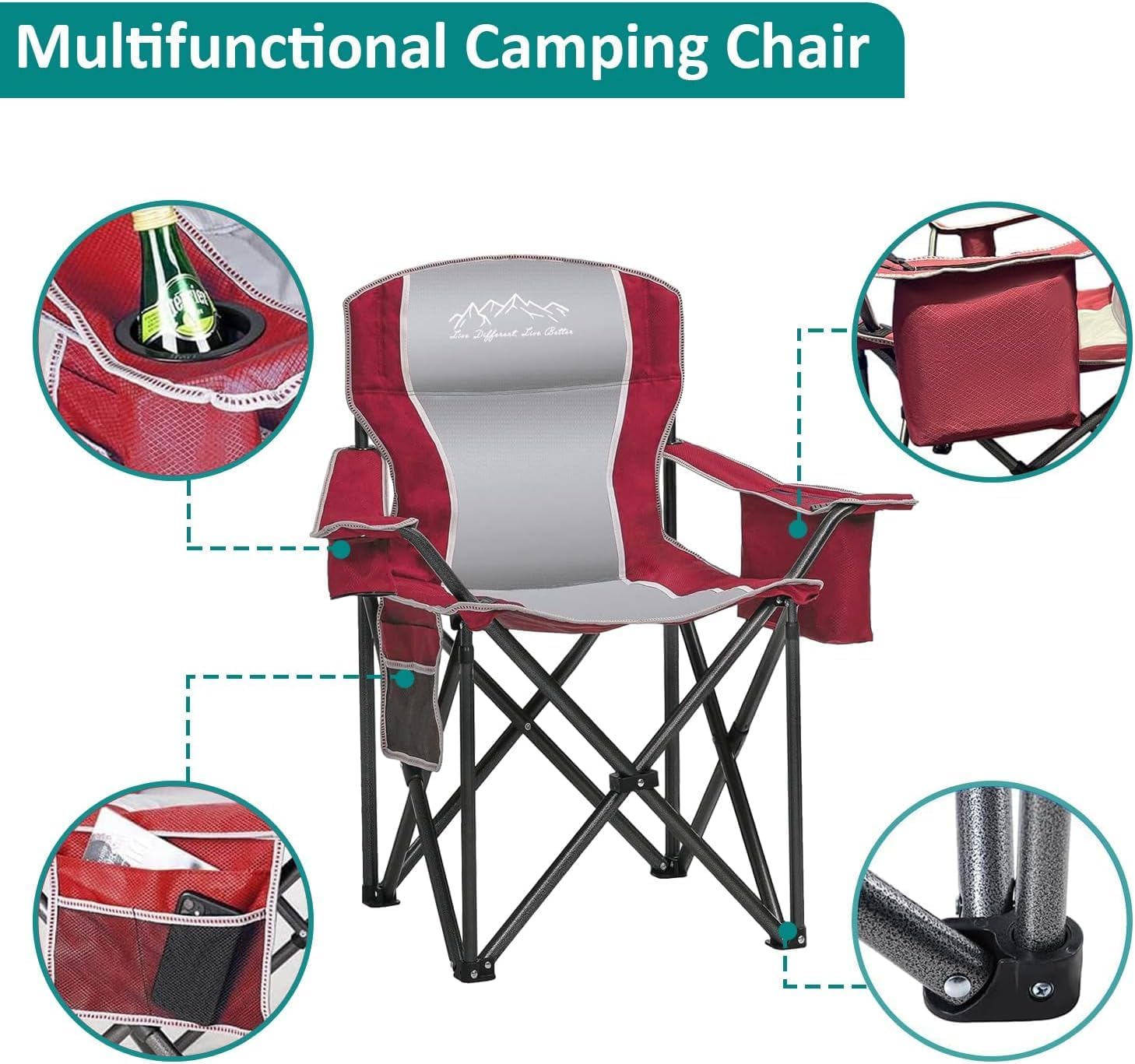 Camping Chair Heavy Duty High Back Folding Chair with Cup Holder, 450lbs Capacity, Padded Seat, Cooler Bag & Storage Pocket, Portable for Outdoor, Beach, Fishing, Sports, Red - Image 5