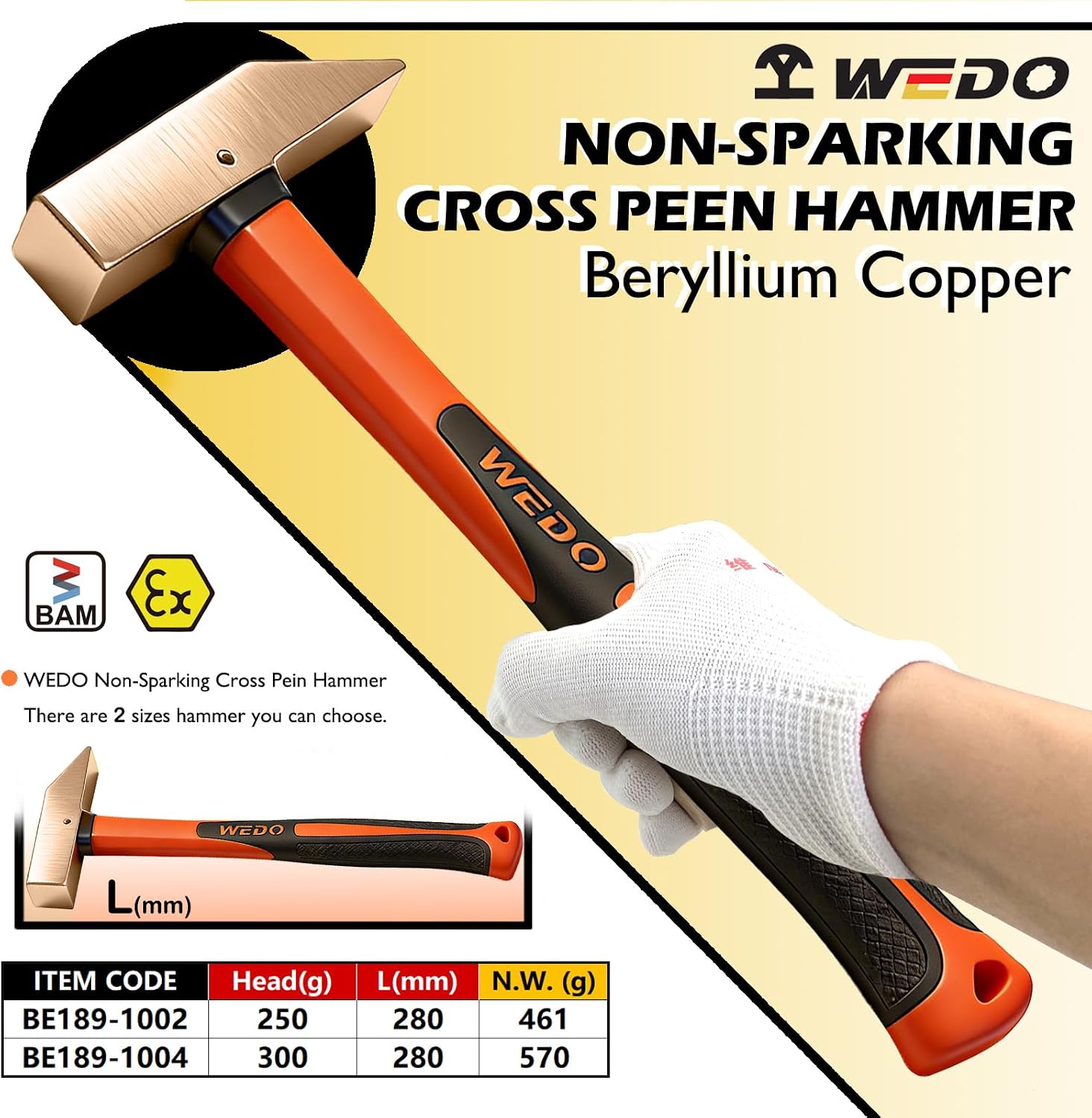 WEDO Non-Sparking Cutoff Hammer (Japan Type),Spark-free Safety Hammer,Beryllium Copper,Non-Magnetic,DIN Standard, BAM & FM Certificate300g*280mm