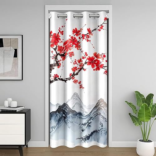 Cherry Blossoms Doorway Curtain For Girls Women Japanese Red Floral Decor Door Curtain 59"W X 80"L Adult Teens Japanese Style Ukiyoe Mount Fuji Pattern Curtain For Bedroom Doorway Living Room
