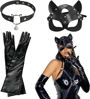 3 Stück Katzenkostüm Damen, Sexy Katzen Maske Handschuhe Choker