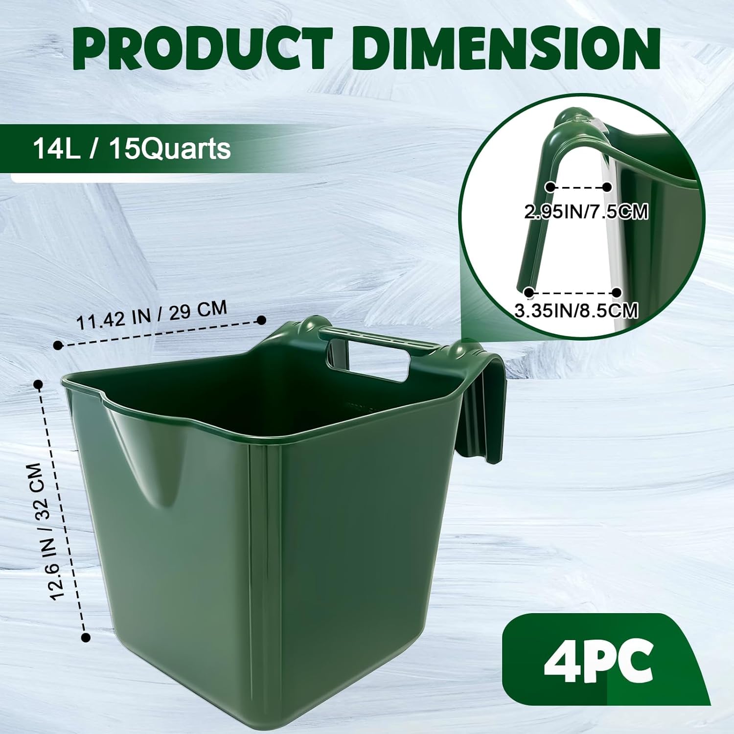 15 Quart Plastic Horse Feeders for Stall Hook Over，Green 4 Pcs Feed Buckets for Horses with Sturdy Hanging Hooks in Farms Workshops Yards, Horse Grain Feeder for Goats, Sheep, Other Livestock