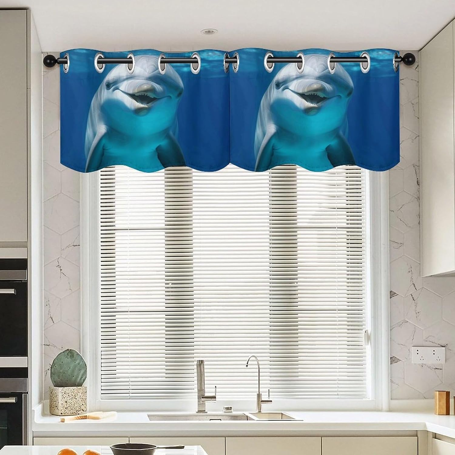 Dolphin with Smile Curtain 2 Panels, Polyester Fiber, Blackout Insulated Window Curtain, Curtain Valance for Kitchen Dining Room Living Room Cafe Small Window 52 * 18.1 Inches
